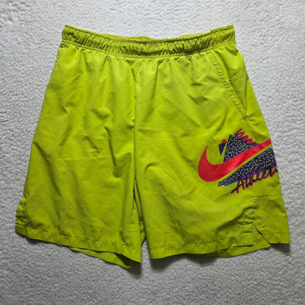 Nike Athletic Shorts Mens XL Lime Green Retro Graphic Swoosh Gym Training Sport
